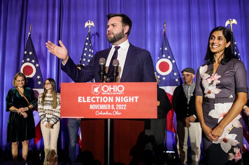 J.D. Vance speaks to supporters with wife Usha Vance in November 2022