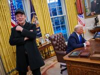 Tesla and SpaceX CEO Elon Musk and U.S. President Donald Trump appear during an executive order signing in the Oval Office at the White House on February 11, 2025 in Washington, DC.