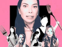 A photo illustration of Emily Geillis Lande, Ingrid De La Mare-Kenny and Tanya Zuckerbrot surrounded by faceless women wiedling giants forks and knives