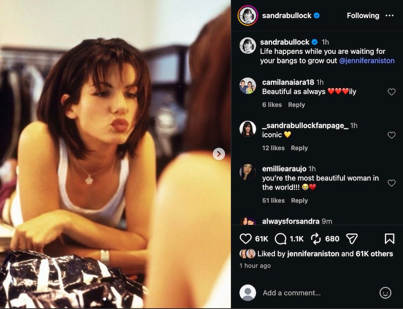 In 2026, Sandra Bullock posts a series of old photos on Instagram showing the actress with bangs.