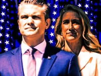 A photo illustration of Pete and Jennifer Hegseth.