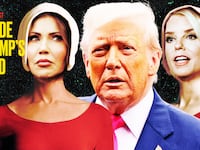 A photo illustration of Donald Trump with Pam Bondi and Kristi Noem as Handmaids.