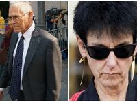 Two photos of Joseph Bankman and Barbara Fried leaving a courthouse in New York.