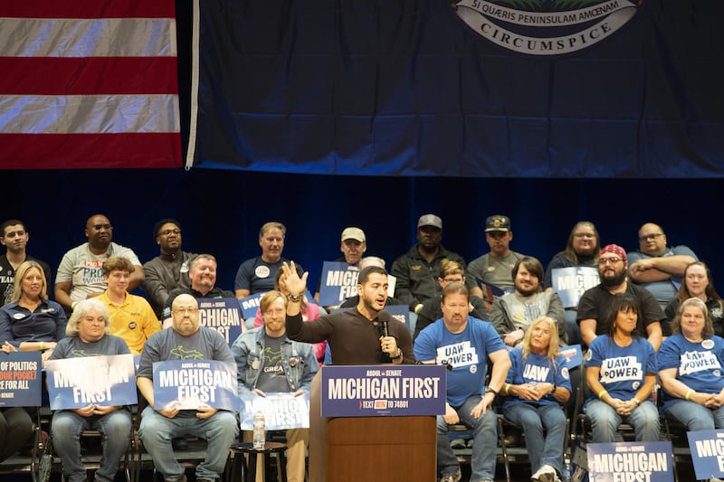 Democratic Senate candidate Abdul El-Sayed speaks to a crowd at a rally in Grand Rapids, Michigan, United States on October 25, 2026.