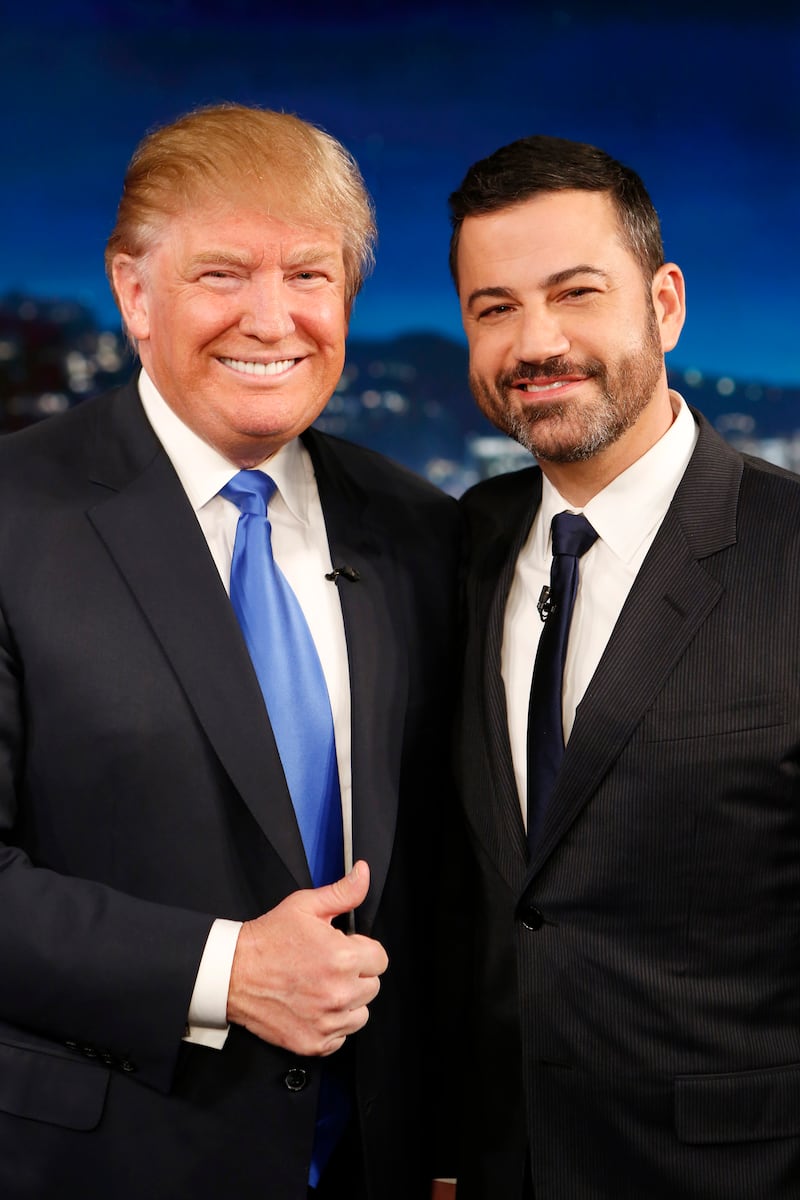 JIMMY KIMMEL LIVE - Emmy Award-nominated "Jimmy Kimmel Live" airs every weeknight (11:35 p.m. - 12:41 a.m., ET), packed with hilarious comedy bits and features a diverse lineup of guests including celebrities, athletes, musicians, comedians and humorous human interest subjects. The guests for Wednesday, December 16 included Republican Presidential candidate Donald Trump and musical guest Gary Clark Jr. (Photo by Randy Holmes/Disney General Entertainment Content via Getty Images)
DONALD TRUMP, JIMMY KIMMEL