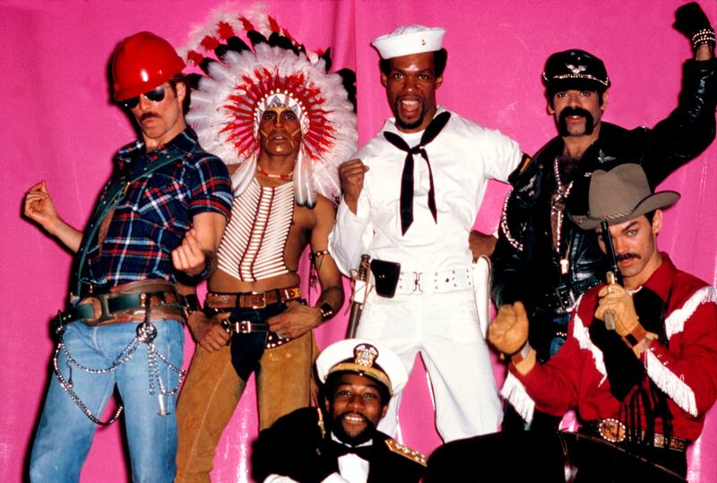 The Village People, group portrait, New York, 1978. Left to right, David Hodo ('Construction Worker'), Felipe Rose ('Native American'), Victor Willis ('Naval Officer'), Alex Briley ('Sailor'), Glenn Hughes ('Leatherman'), and Randy Jones ('Cowboy').