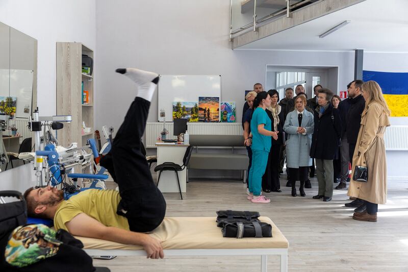 Princess Anne visits a physiotherapy session in a rehabilitation centre for Ukrainian war veterans