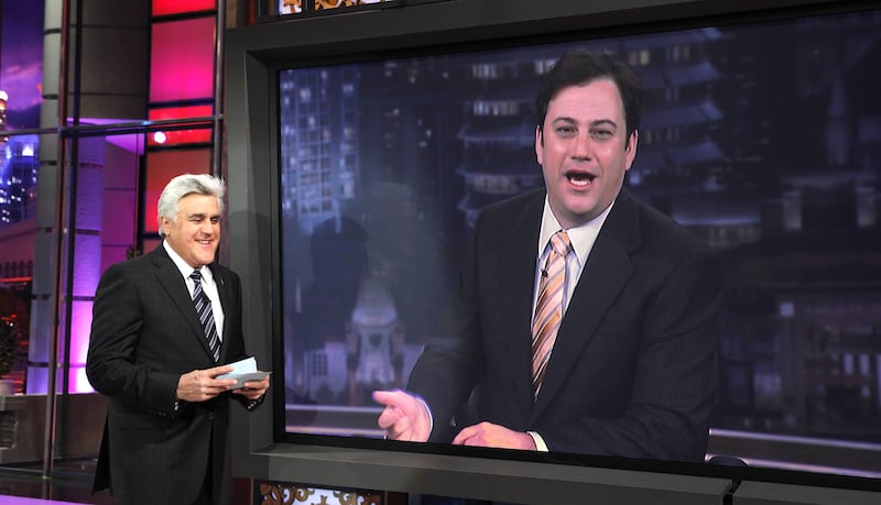 THE JAY LENO SHOW -- Episode 80 -- Pictured: (l-r) Host Jay Leno, talk show host Jimmy Kimmel during 10@10 segment on January 14, 2010 -- Photo by: Justin Lubin/NBCU Photo Bank