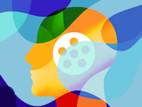 An illustration of a silhouette of a man's head with a film reel spinning with different colors all around