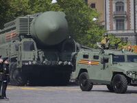 Russian RS-24 Yars nuclear missile complex (NATO reporting name: SS-29) arrives during the main rehearsals of the military parade, in Red Square on May 5, 2024.