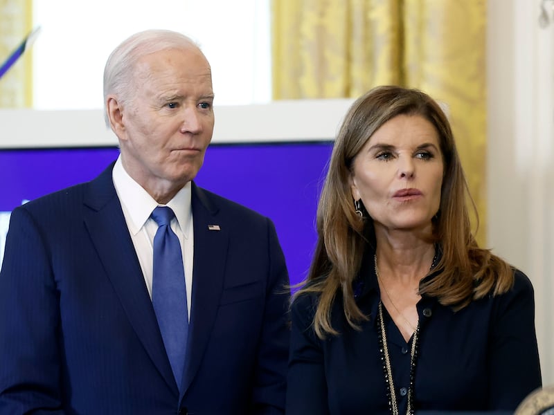 WASHINGTON, DC - MARCH 18: U.S. President Joe Biden and Maria Shriver, the former first lady of California, listen as first lady Jill Biden speaks during a Women’s History Month reception in the East Room of the White House on March 18, 2024 in Washington, DC. The event is a part of the Biden administration’s Women’s Health Research initiative. (Photo by Anna Moneymaker/Getty Images)