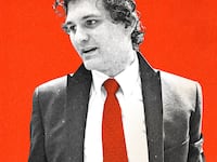An illustration of FTX founder Sam Bankman-Fried on a red background.