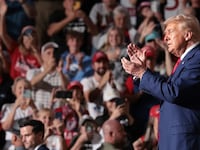 Republican presidential nominee, former U.S. President Donald Trump, departs a campaign rally at the Ed Fry Arena September 23, 2024 in Indiana, Pennsylvania.