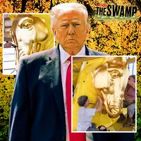 A photo illo illustration of Donald Trump for The Swamp, and the painting of the historic Arts of War and Arts of Peace statues in DC.