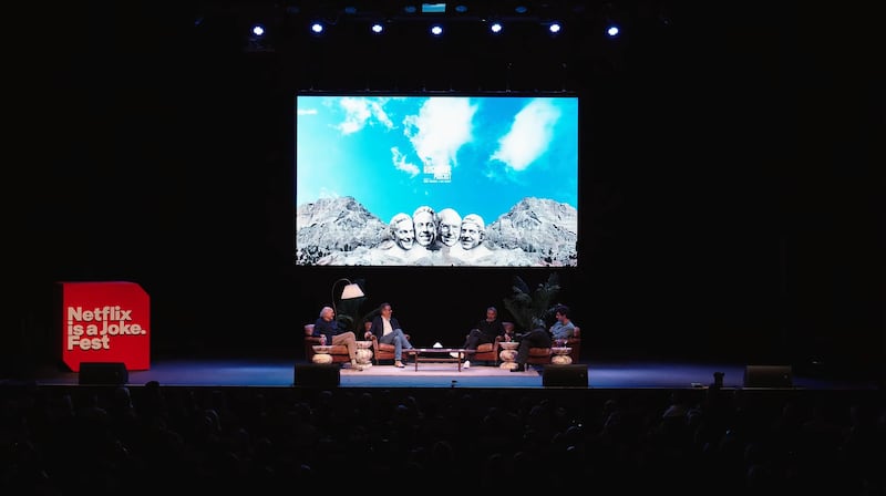 Larry David and Jerry Seinfeld at a live taping of Ari Emanuel and Ben Persky’s “Rushmore” podcast.